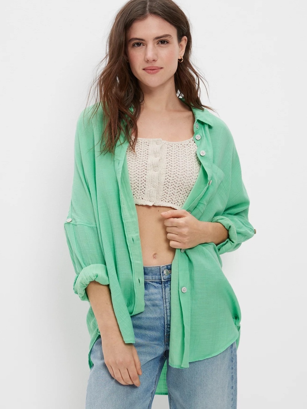 NWT American Eagle Outfitters Green Oversized Button-Down Shirt Size Small